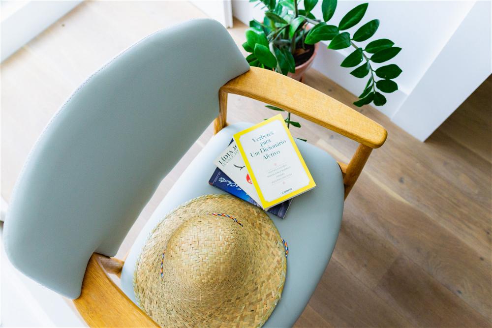 Flat lay photo in hotel room of the seat of a chair with straw hat, books and a trendy plant