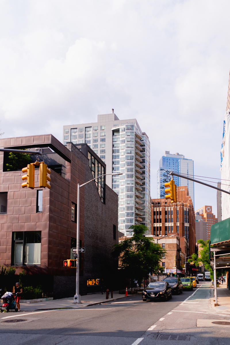 A city street with a traffic light.