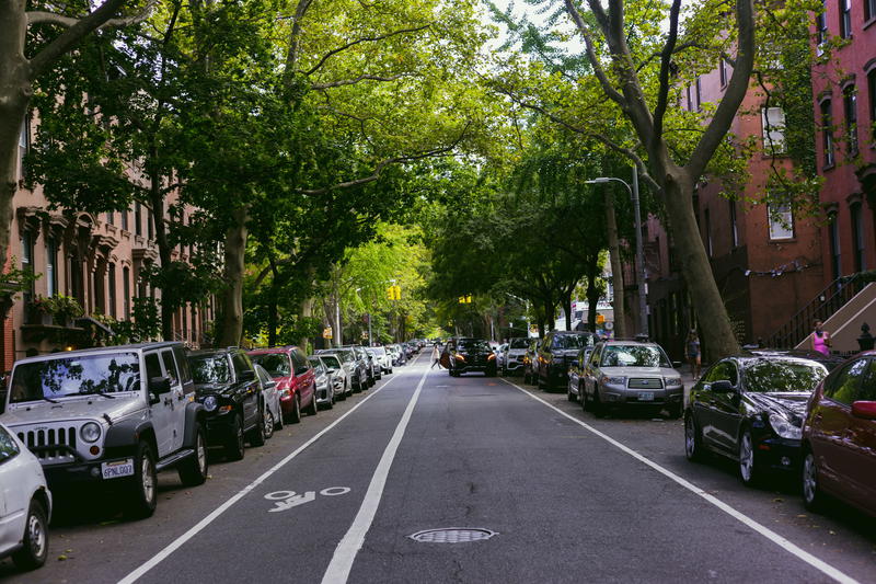 Parked cars on a street lined with trees.