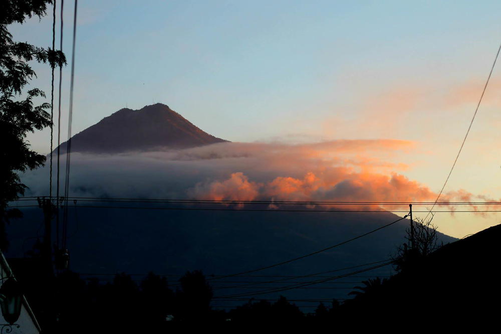 A mountain in the distance.