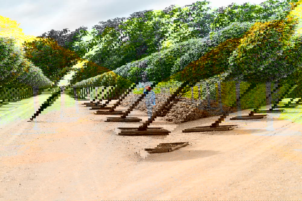 A person walking down a dirt road.