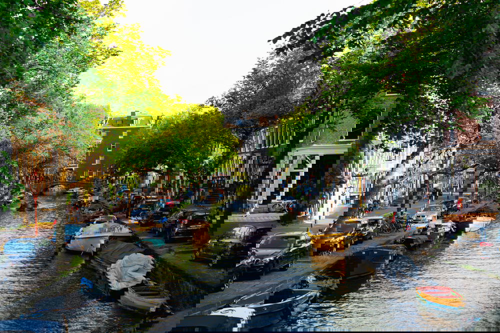 A canal lined with boats and trees in Amsterdam.