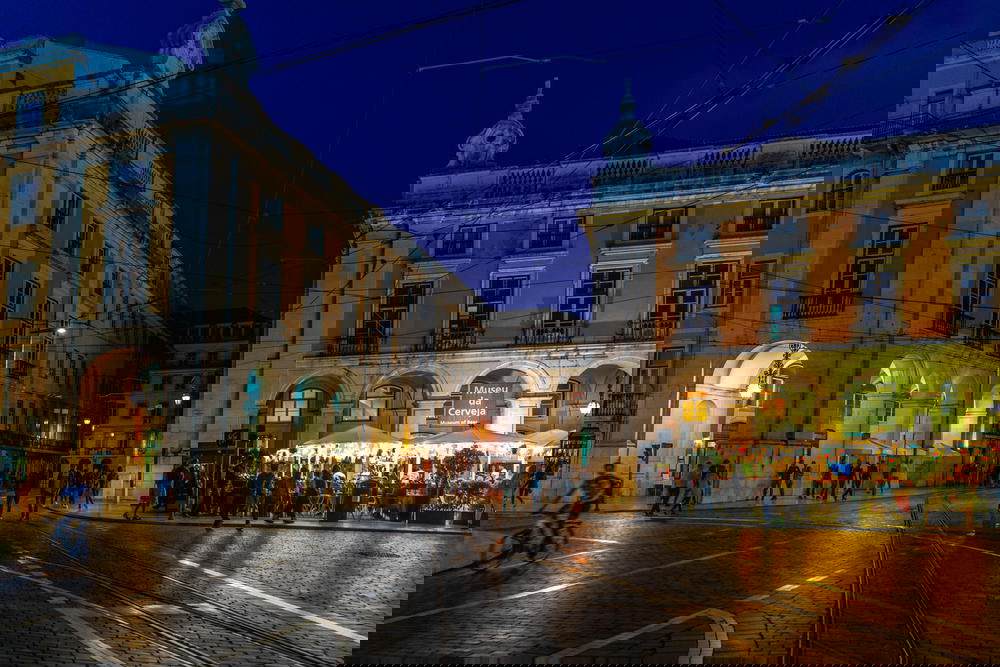 Night photography lit upstreets of Lisbon Portugal evening
