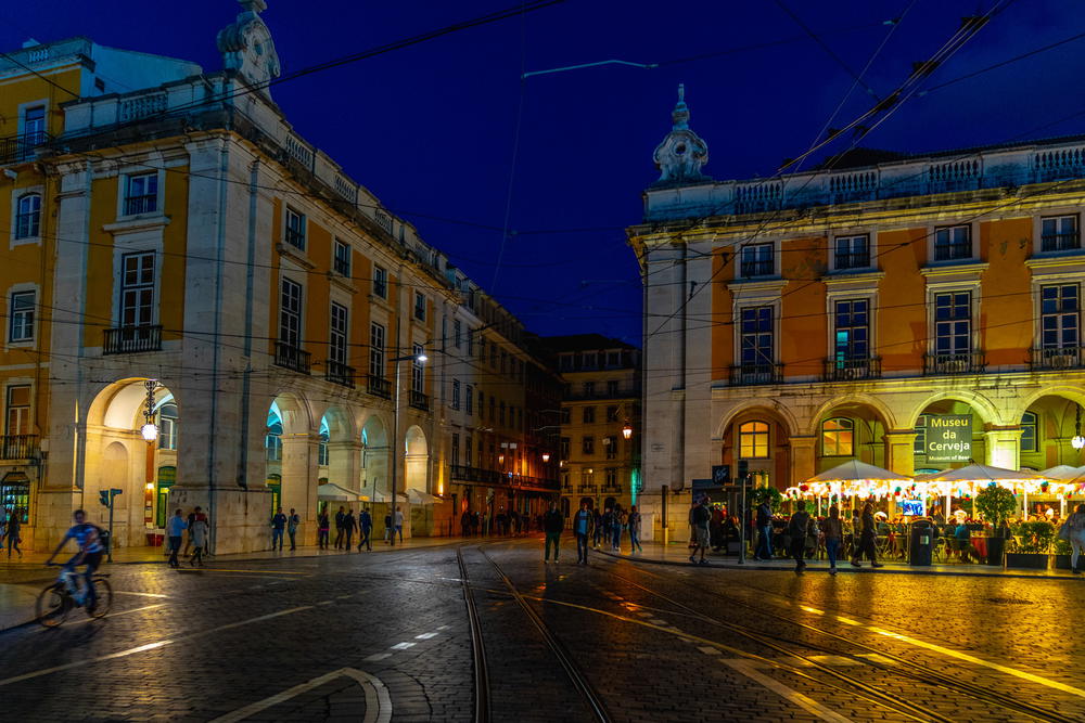 Night photography lit upstreets of Lisbon Portugal evening