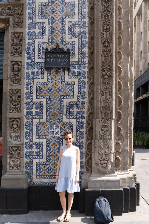 A woman standing in front of an ornate building.