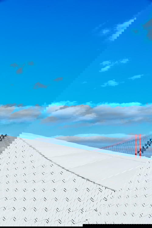 A man is riding a skateboard on the roof of a building in san francisco, california.