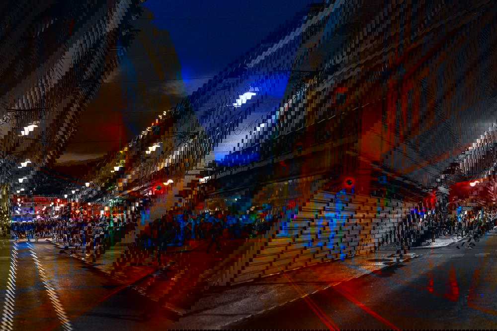 Street lights line a downtown main street in Baixa Lisbon