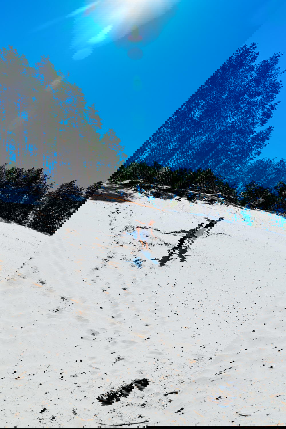 Two girls surfing down a big white sand dune