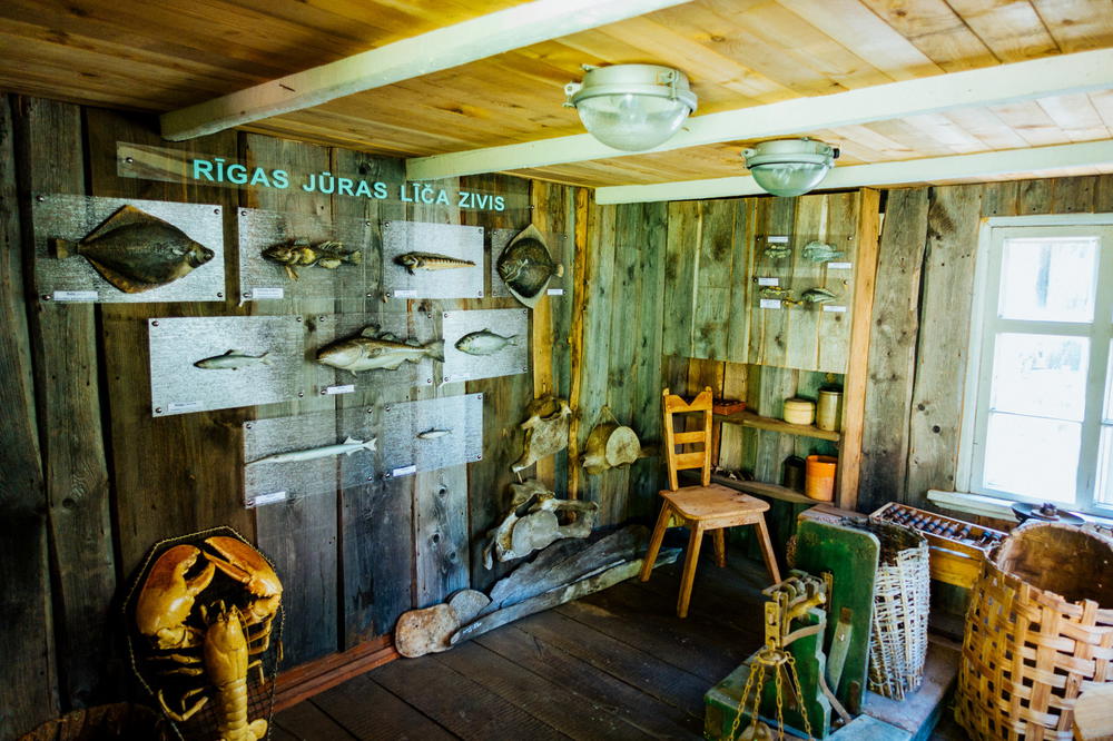 Historic wooden interior of a Latvian log home