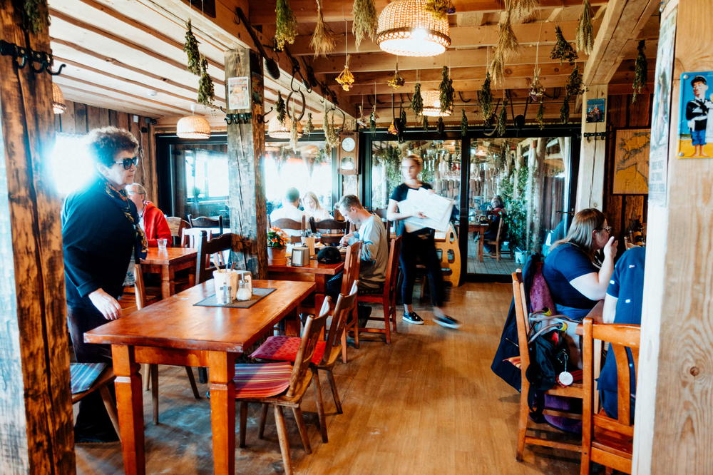 Wooden interior of a Latvian family restaurant