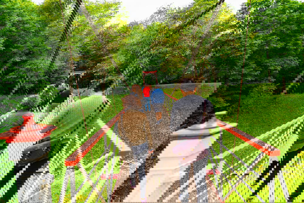 A group of people walking on a suspension bridge.