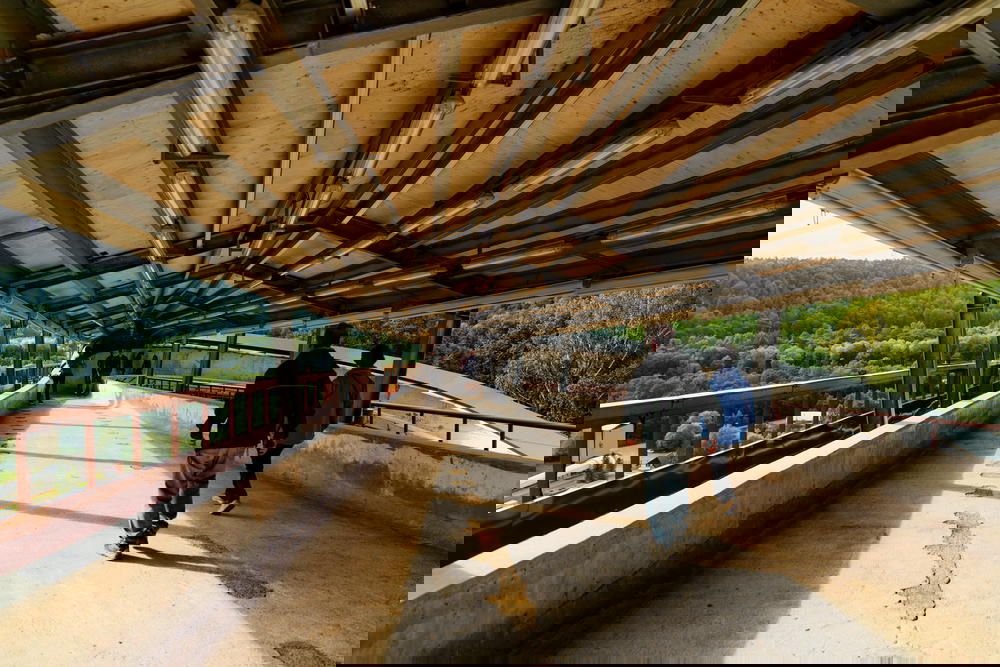 Two people walking under a bridge.