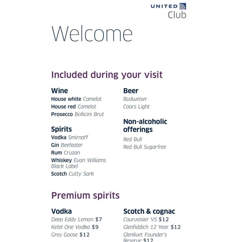 Screenshot of United Club menu.