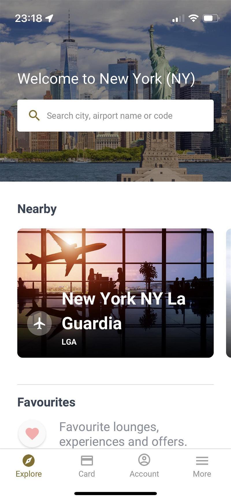 Screenshot of the Priority Pass app displaying New York.