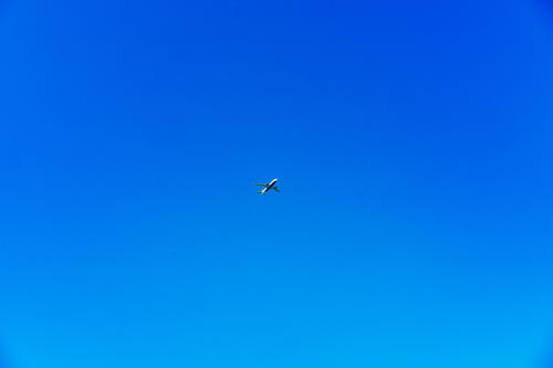 A plane flying in a clear blue sky.