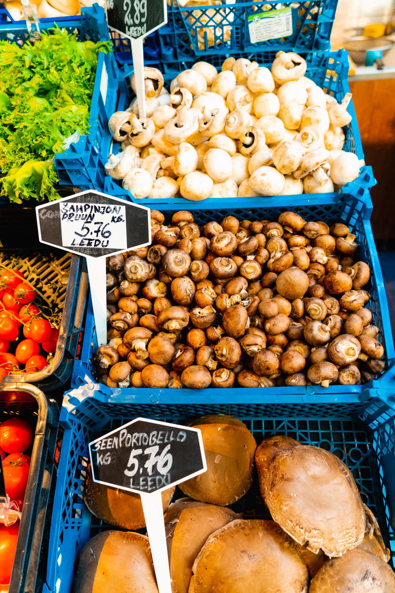 Local mushrooms for sale at a farmer's market in Tallinn, Estonia.