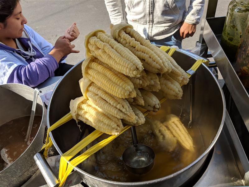 Stack of giant corn choclo steaming over a cauldron at a street vendor in Lima, Peru.