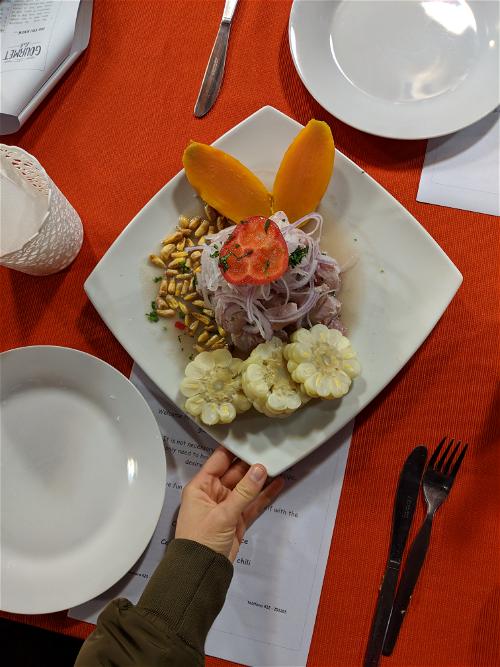 A hand holding a square plate that has fish ceviche next to three slices of choclo corn and two slices of camote sweet potato on a red tablecloth.