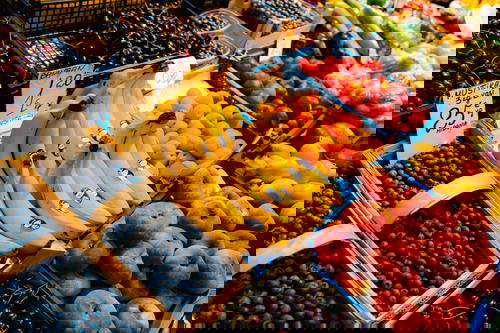 Fruit for sale including blueberries, bananas and donut peaches in Telliskivi Creative City of Tallinn