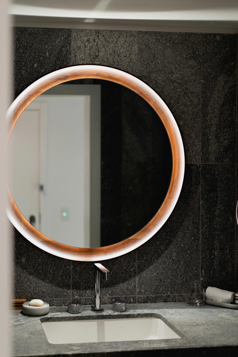 A bathroom mirror at the Muir Hotel in Halifax.