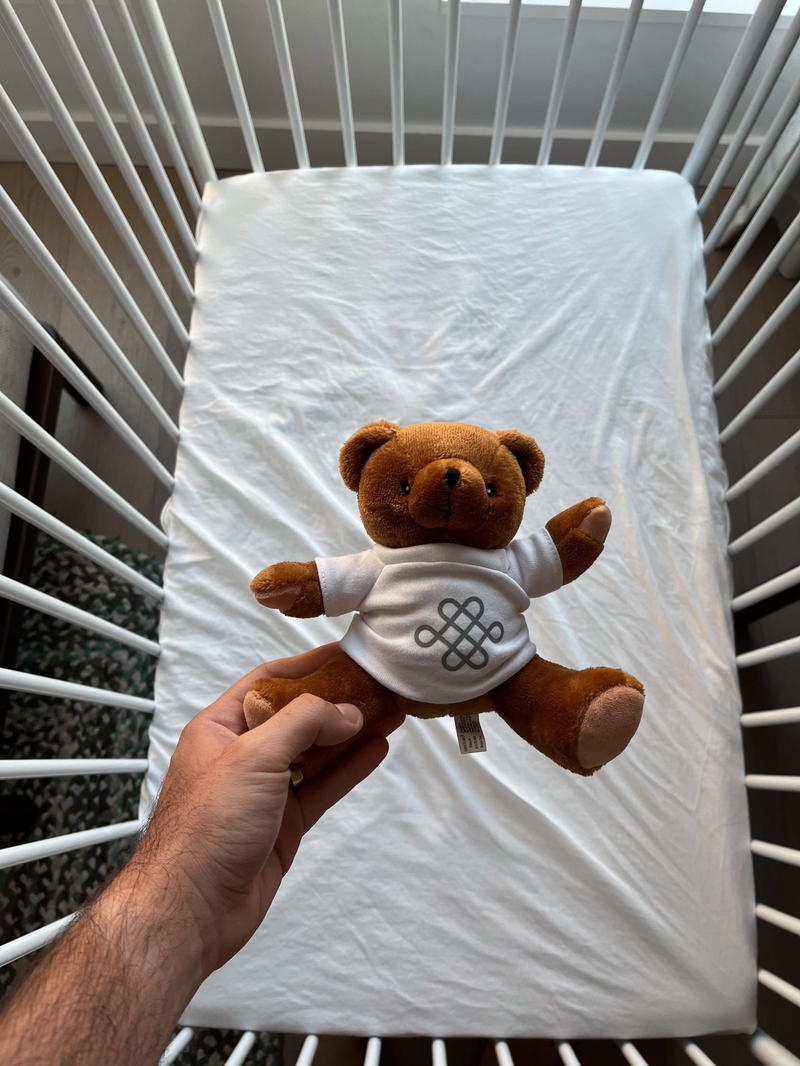 A teddy bear being held above a crib.