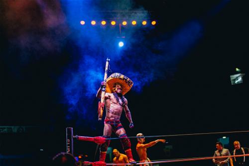 Lucha Libre fighter with big sombrero in the fighting ring in Mexico City