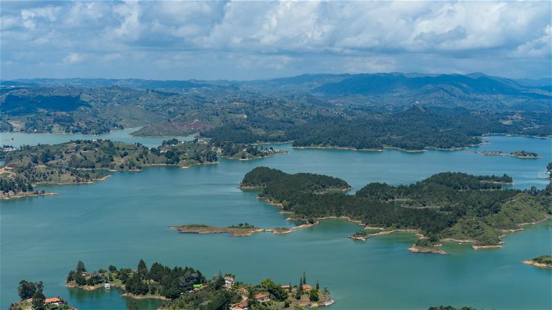 View of Guatape islands and lakes from the Piedra del Penol in Guatape, Colombia