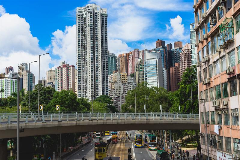Hong Kong skyline with a road and a bridge