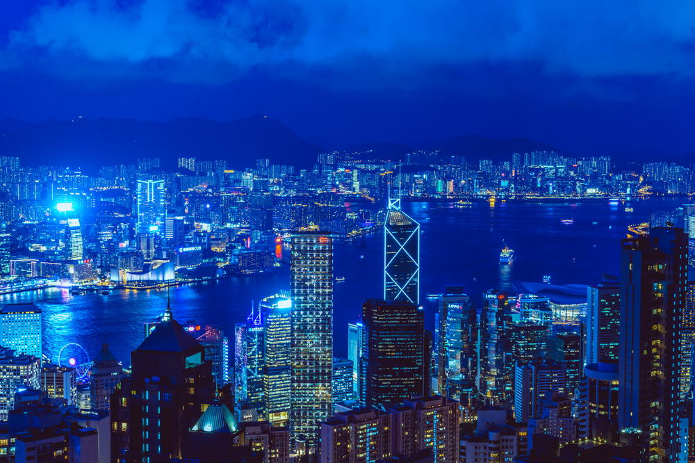 The skyline of hong kong at night.