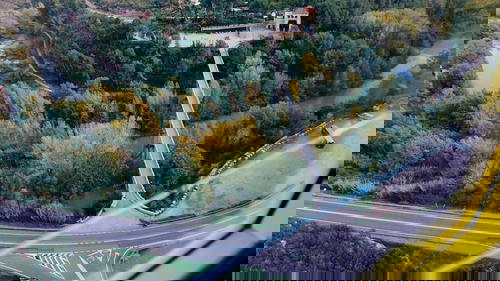 View of a road down below with green and yellow autumn trees as seen from a gondola ride
