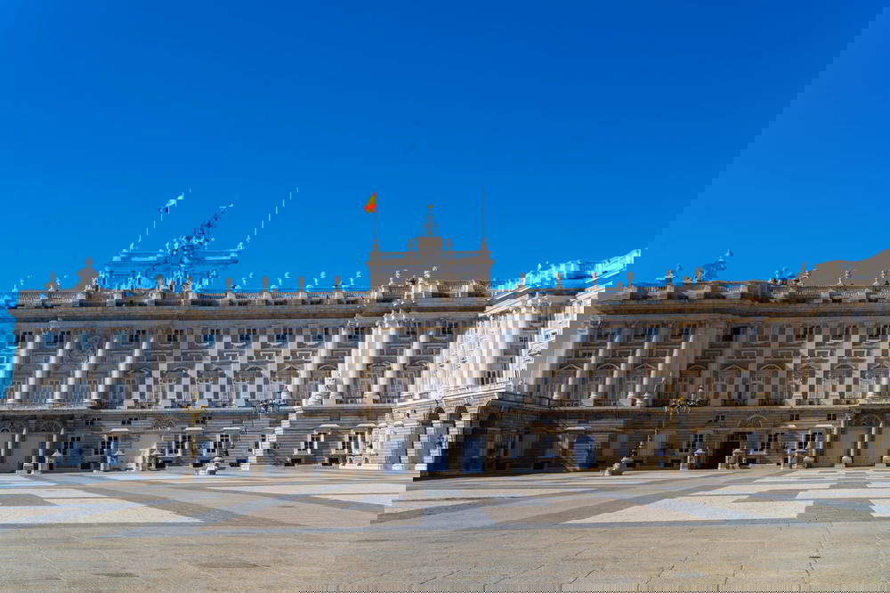 Bright blue sky and city view with a famous cathedral in Madrid