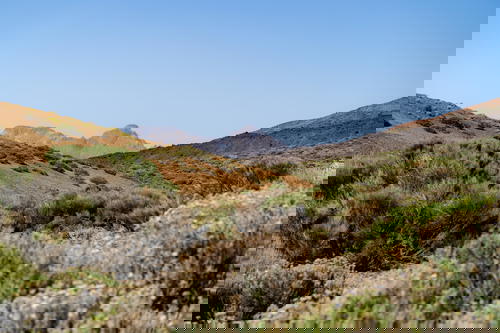 Purple desert volcanic mountains rise from tan desert slopes in El Teide National Park