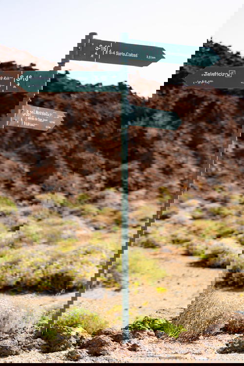 Hiking signage for teleferico and hiking trails in El Teide National Park in Tenerife, the Canary Islands, Spain