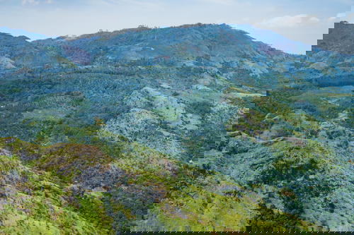 Aerial view, mountain range.