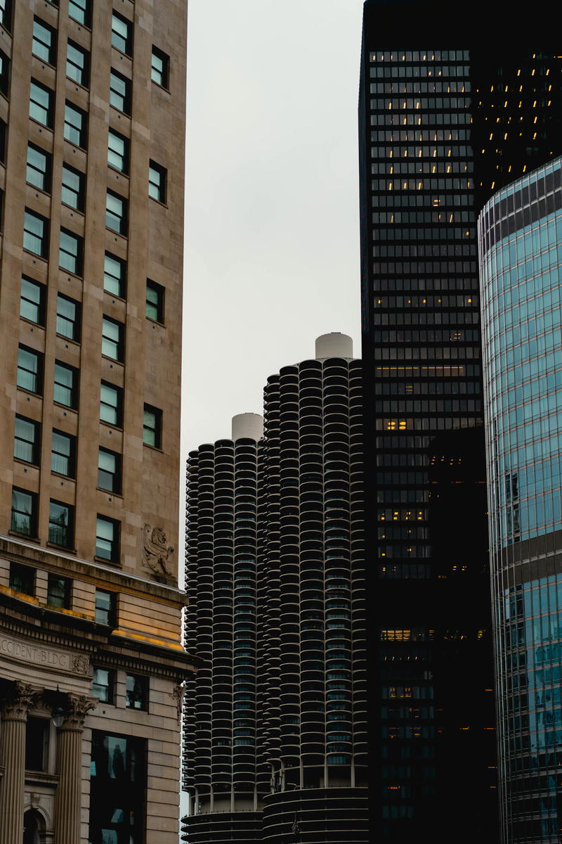 A group of tall buildings in a city.