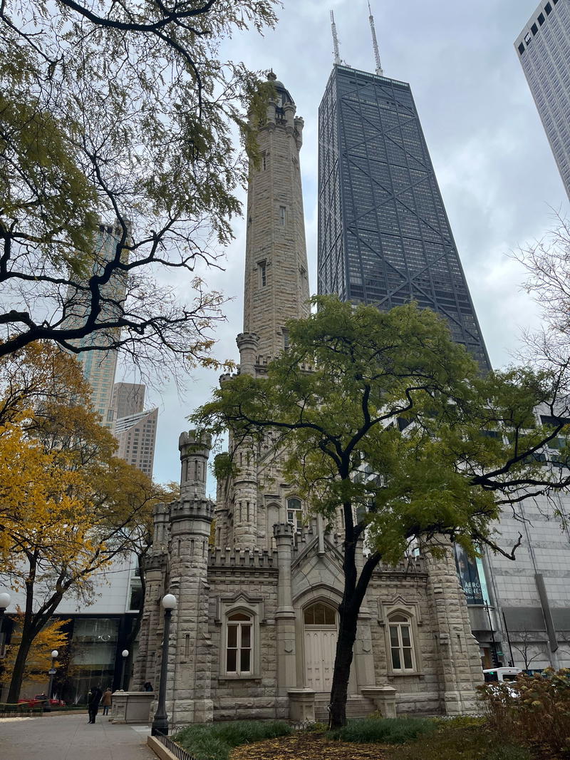 A towering clock tower stands amidst a park in Chicago.
