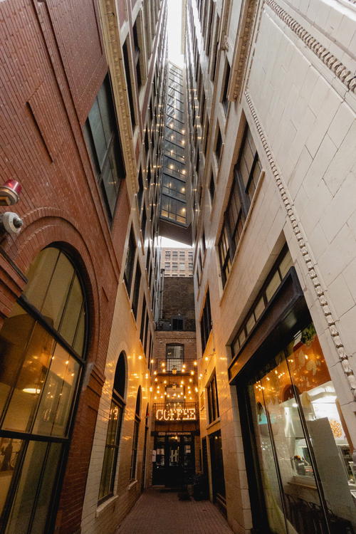 A view of a narrow alley in a building.