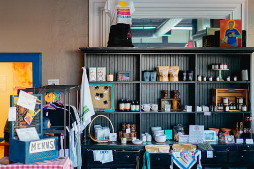 A shelf with a lot of items on it, located in Pittsfield Massachusetts.