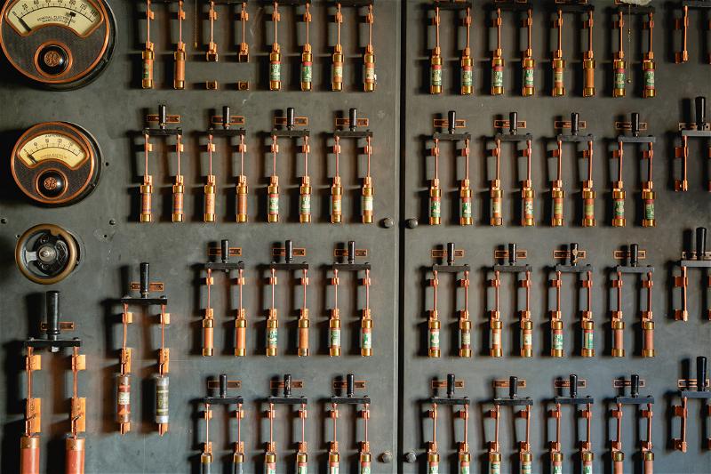 A control panel in Pittsfield, Massachusetts displaying numerous gauges and buttons.
