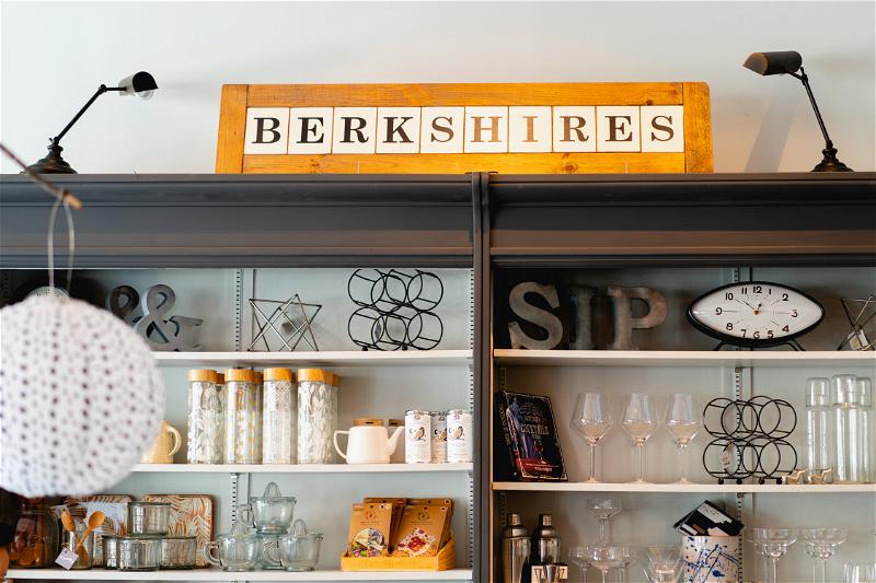 A shelf in Pittsfield, Massachusetts with a sign that says Berkshires.