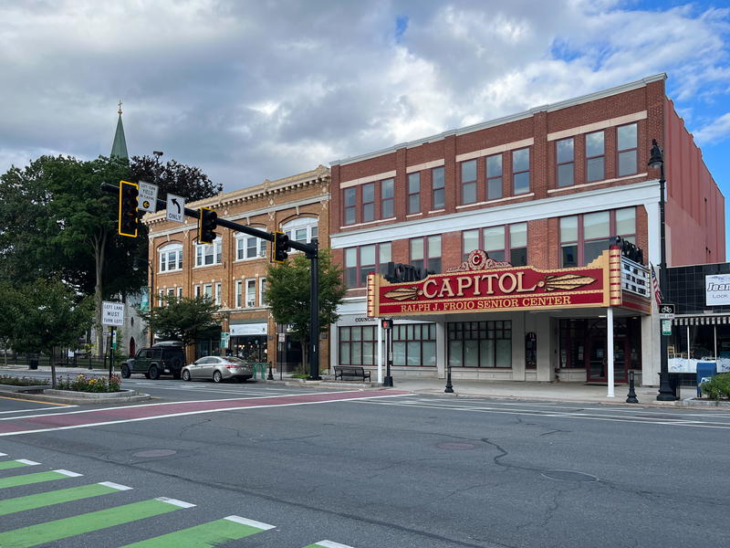 A theater on a Pittsfield street corner.