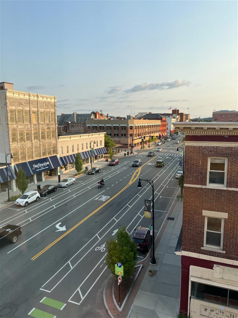 A view of a city street in Pittsfield, Massachusetts from a tall building.