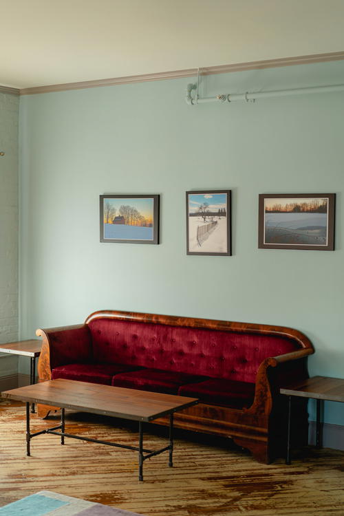 A living room in Pittsfield, Massachusetts furnished with a couch and a coffee table.