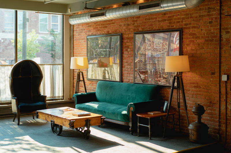 A living room in Pittsfield, Massachusetts with a couch and a table.