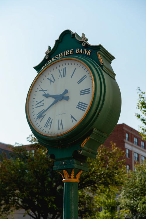 A green clock in Pittsfield, Massachusetts.