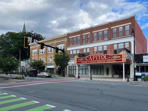 A theater on a street corner in Pittsfield, Massachusetts.