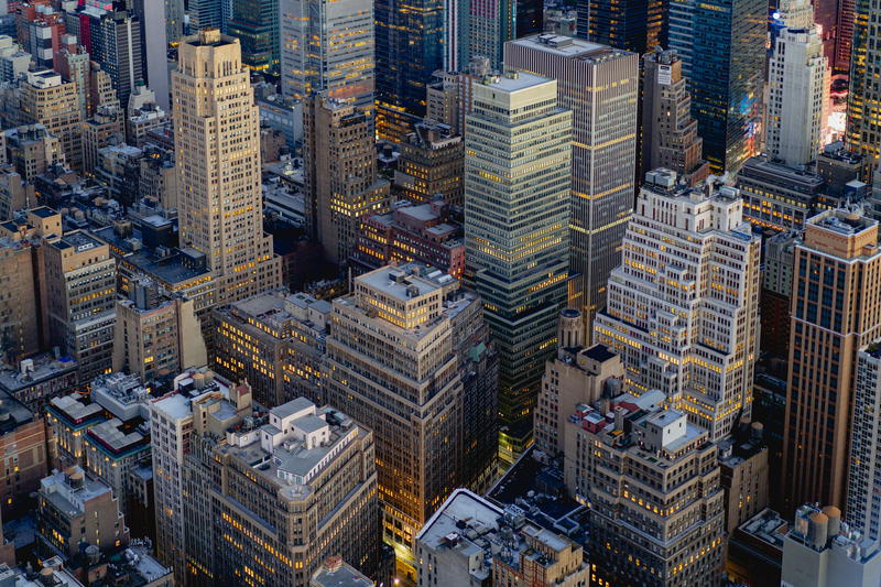 Aerial view of NYC at dusk.