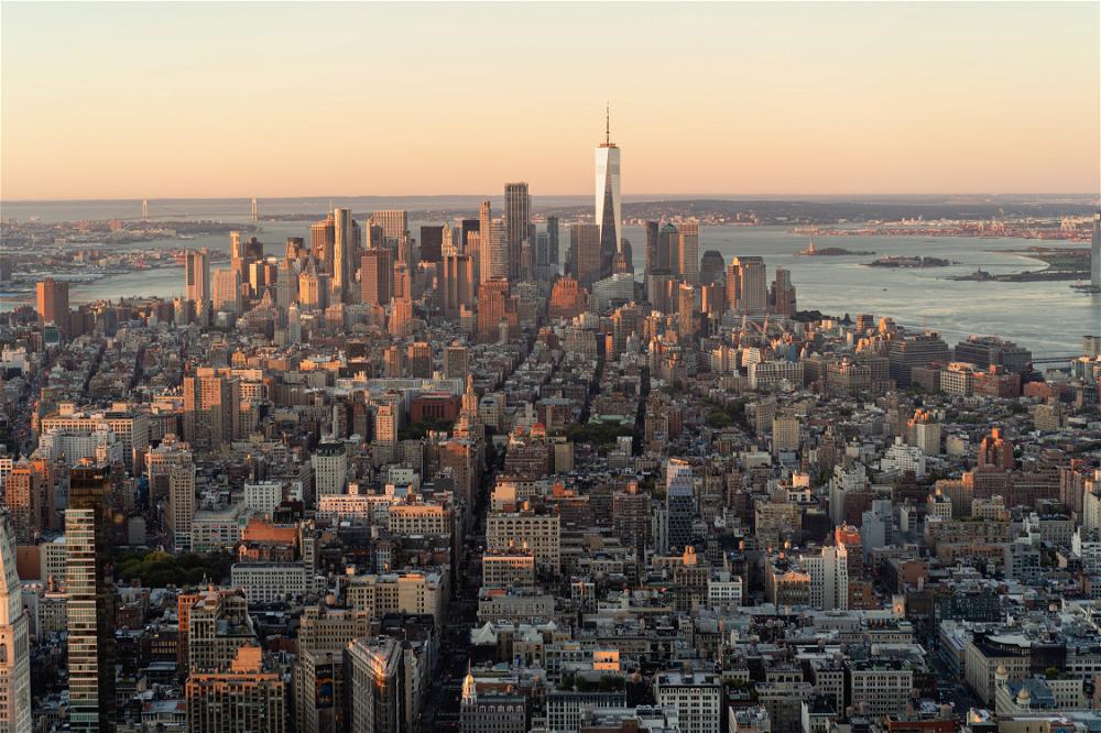An aerial view of NYC, specifically Manhattan.