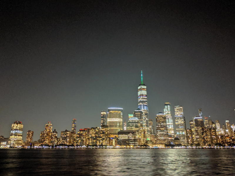 A view of the NYC skyline at night.