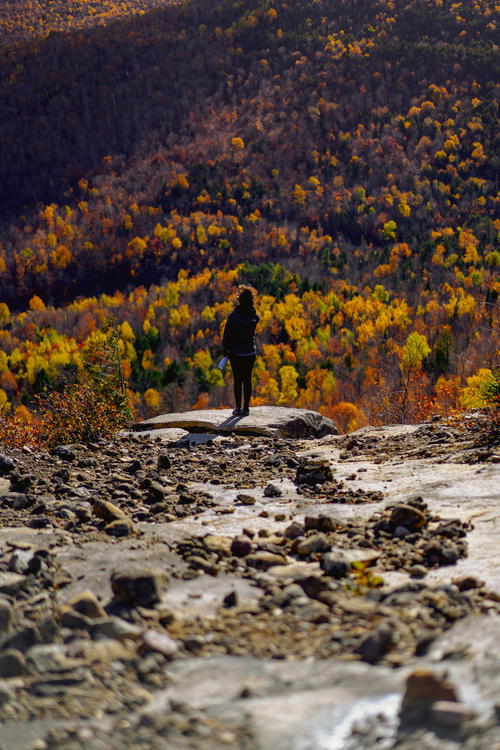 A person standing on top of a rocky hill, located in the Adirondack Mountains of New York.